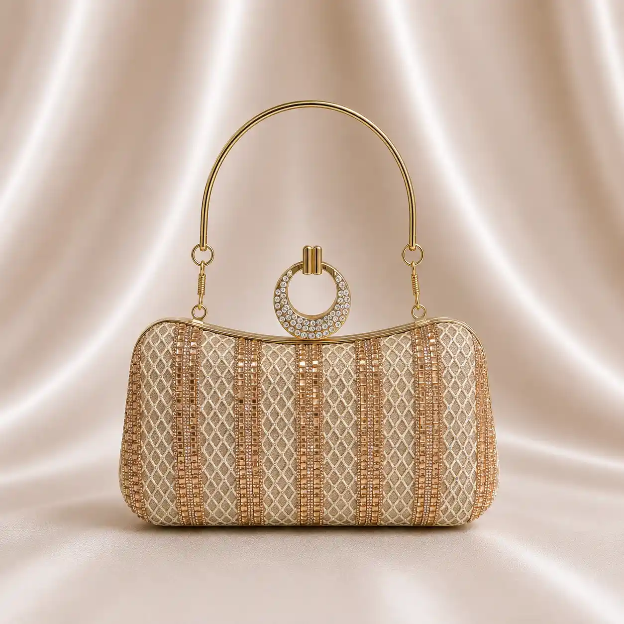 Gold Bridal Purse Wedding Clutch with Crystal Ring Handle