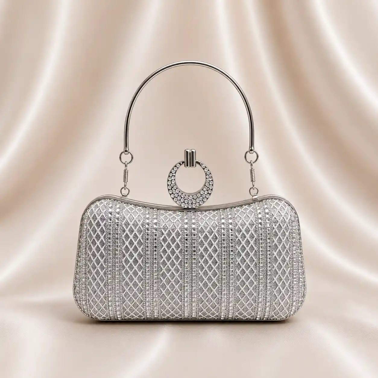 Silver Bridal Purse Wedding Clutch A1 with Crystal Handle