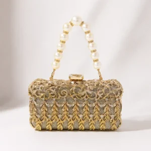Gold Metal Bridal Clutch Bag A1 with pearl handle and luxury crystal detailing