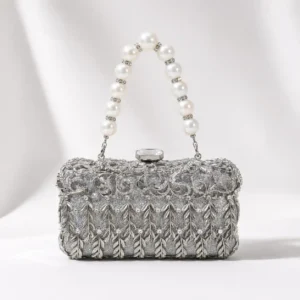 Silver Metal Bridal Clutch Bag A1 with pearl handle and luxury crystal detailing