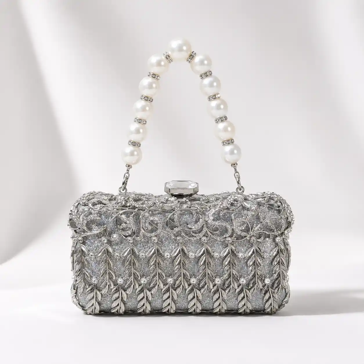 Silver Metal Bridal Clutch Bag A1 with pearl handle and luxury crystal detailing