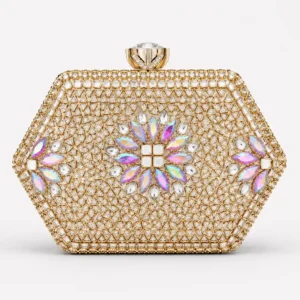 Crystal Floral Bridal Clutch with multicolor gemstones and luxury gold frame
