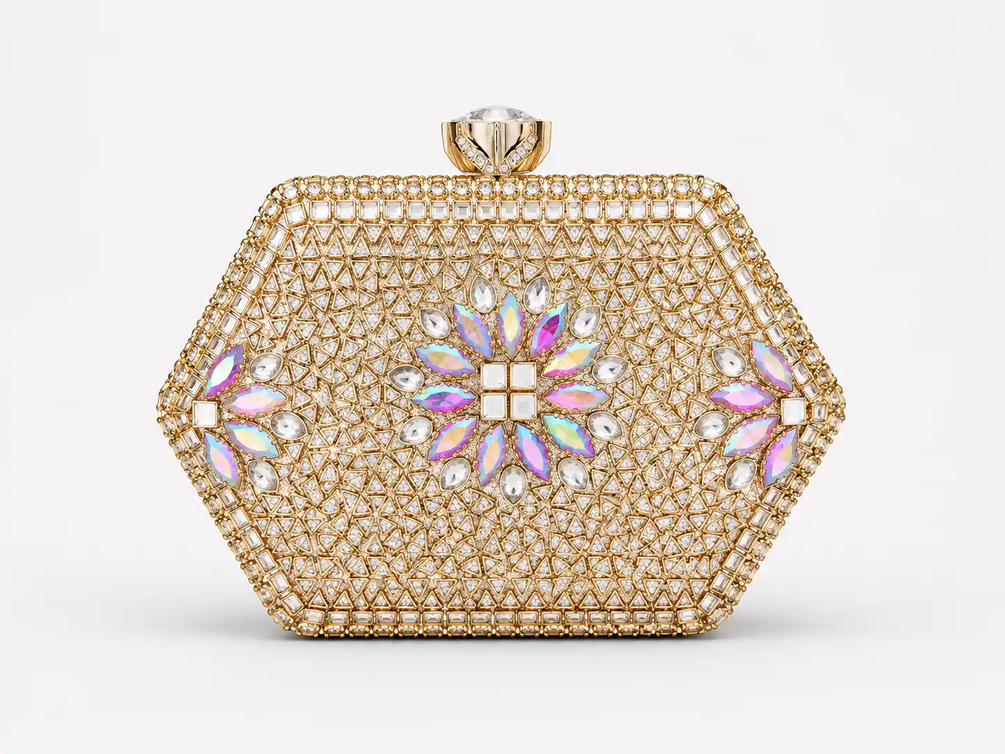 Crystal Floral Bridal Clutch with multicolor gemstones and luxury gold frame