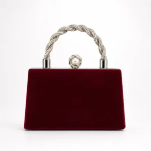 Maroon Velvet Evening Clutch with pearl clasp and braided handle for weddings and parties