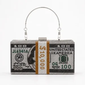 Classic Dollar Style Evening Bag with diamond shoulder strap and luxury wallet clutch design
