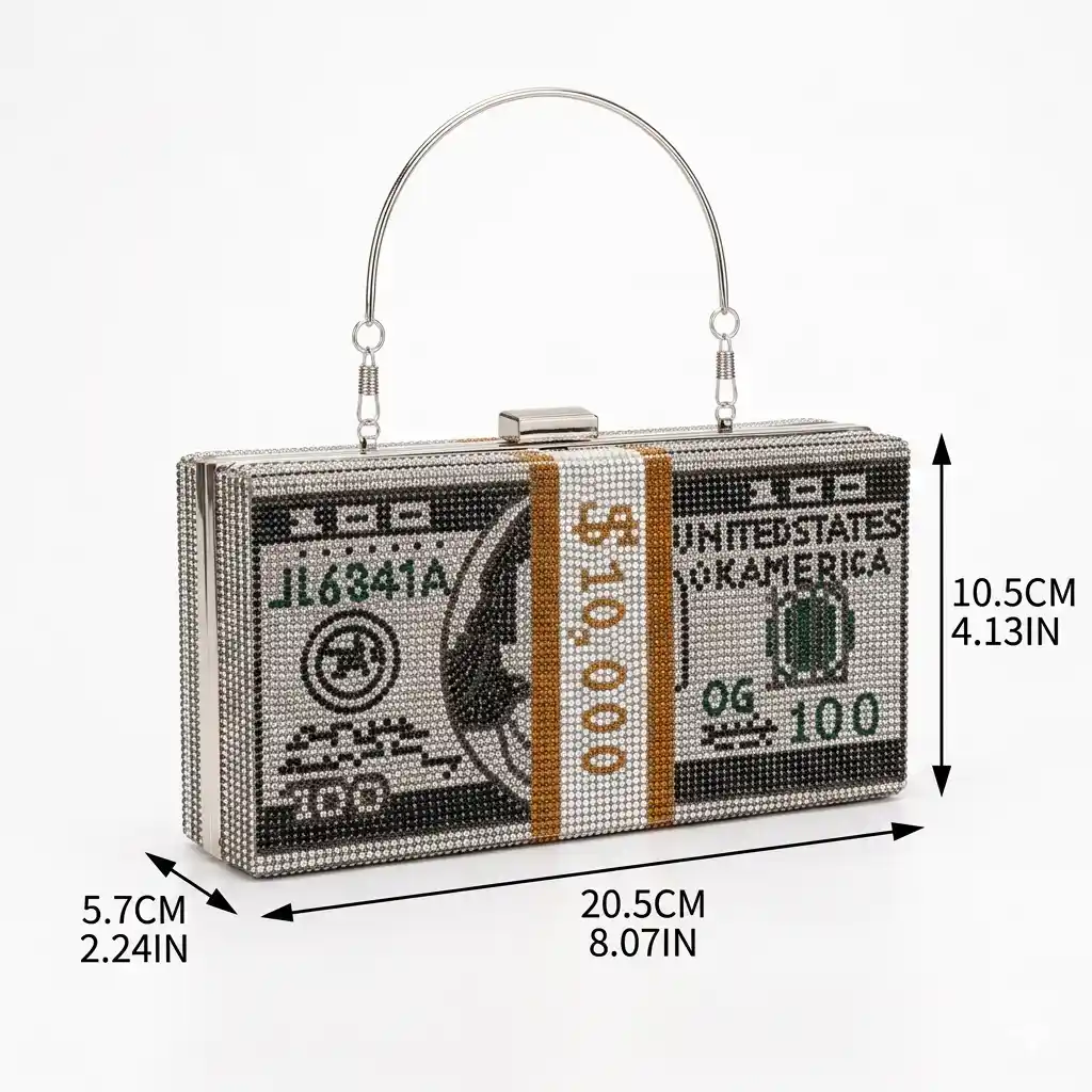 Classic Dollar Style Evening Bag with diamond shoulder strap and luxury wallet clutch design