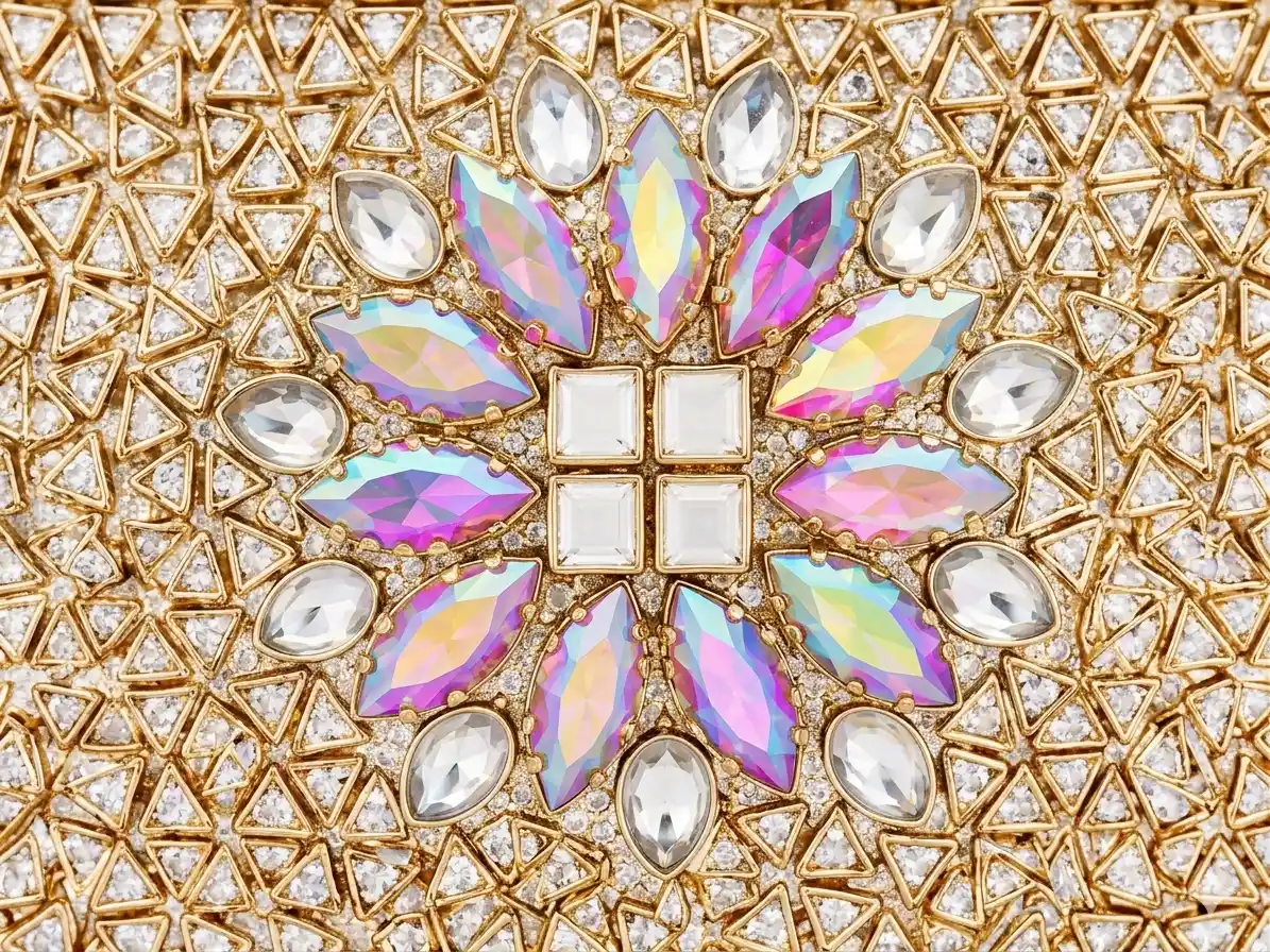 Crystal Floral Bridal Clutch with multicolor gemstones and luxury gold frame