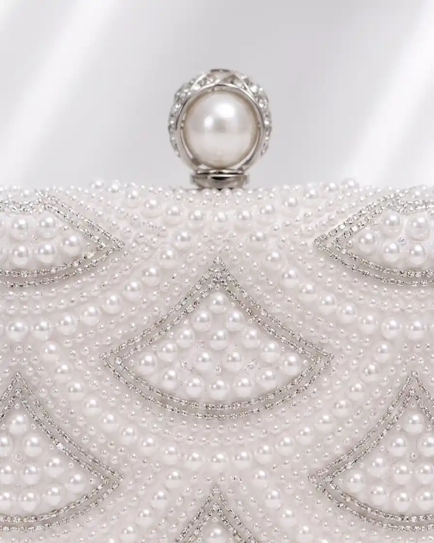Pearl Bridal White Clutch – Elegant Beaded Wedding Evening Purse 2 side - Image 3