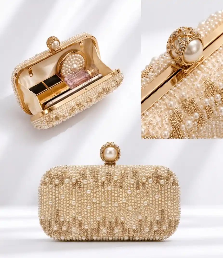 Golden Pearl Clutch Bead Clutch Rhinestone Wedding Purse Stunning Design 2 side - Image 2