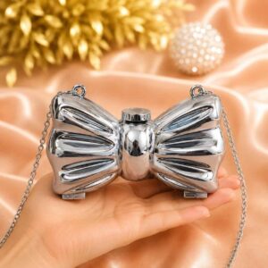 Mini Silver Bow Clutch Bag with Gold Chain Strap for Girls
