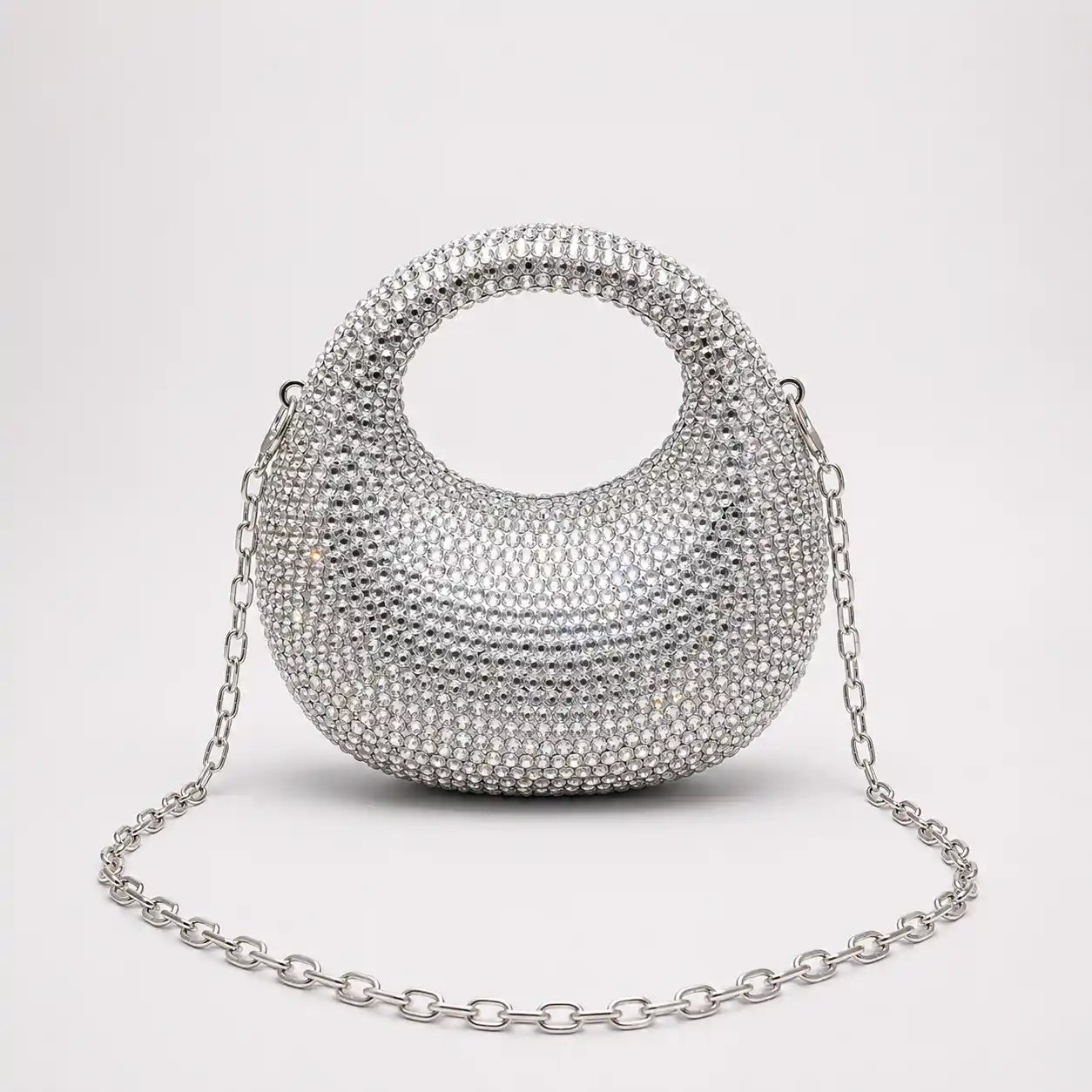 Silver Swarovski Half Moon Clutch Bag with Crystal Stone Design