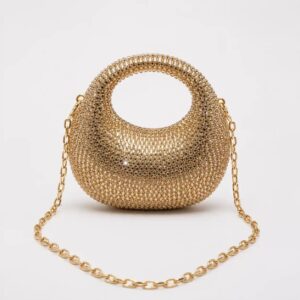 Golden Swarovski Half Moon Clutch Bag with Crystal Stone Design
