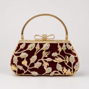 Fully Metal Mehroon Bridal Hand Clutch with Chain Strap
