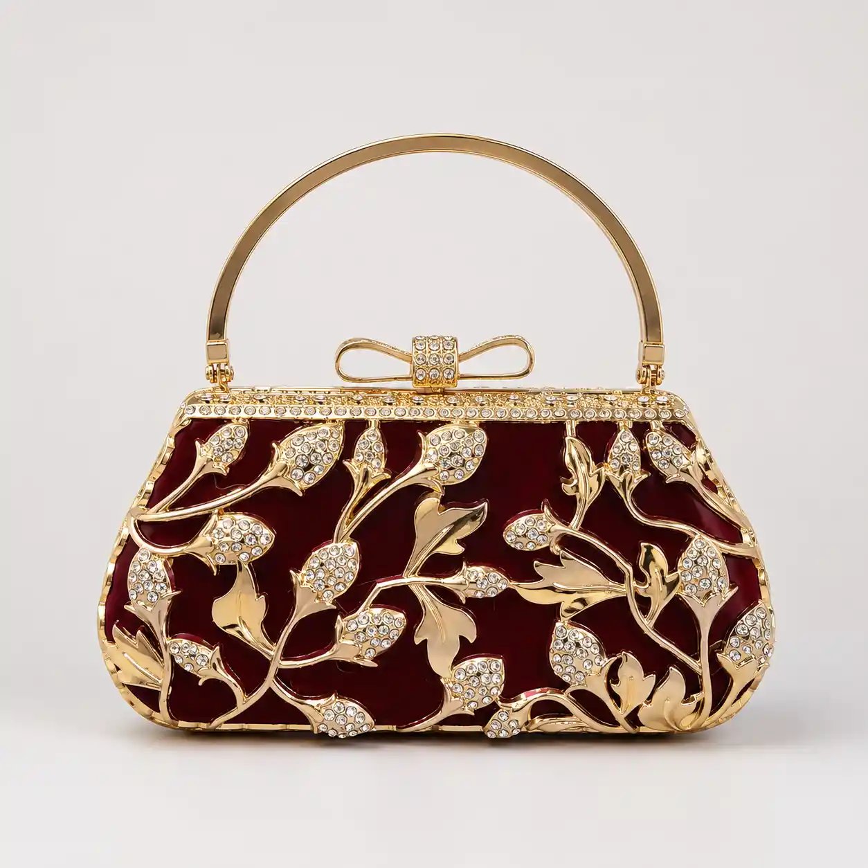 Fully Metal Mehroon Bridal Hand Clutch with Chain Strap
