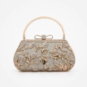 Fully Metal Golden Bridal Hand Clutch with Chain Strap