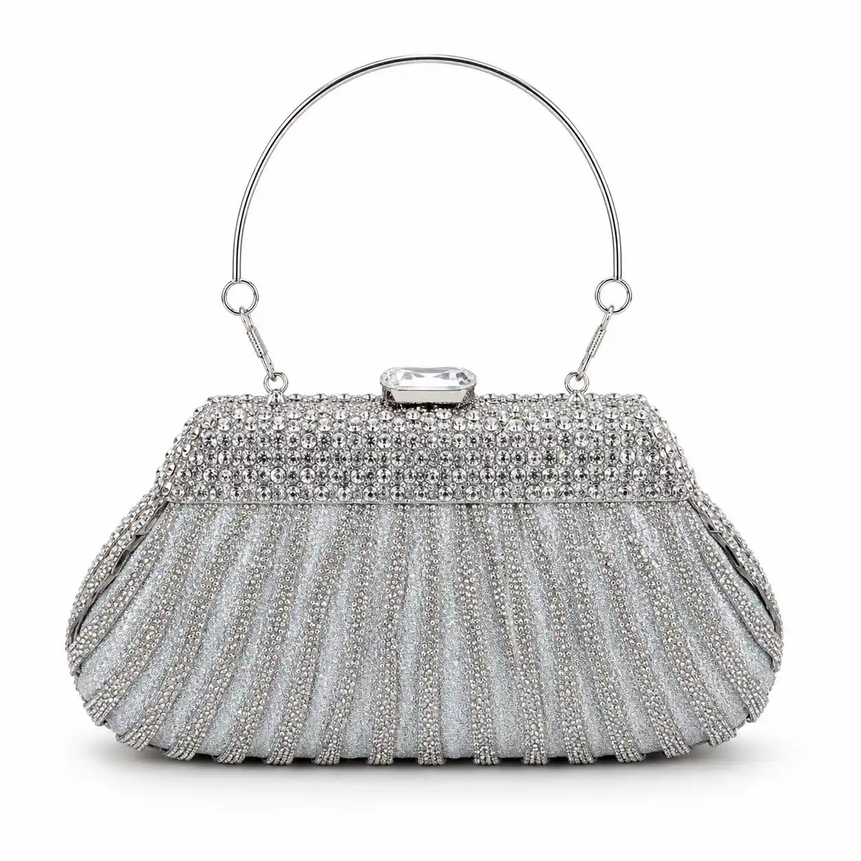 Silver Metal Bridal Clutch with Crystal Stone Work