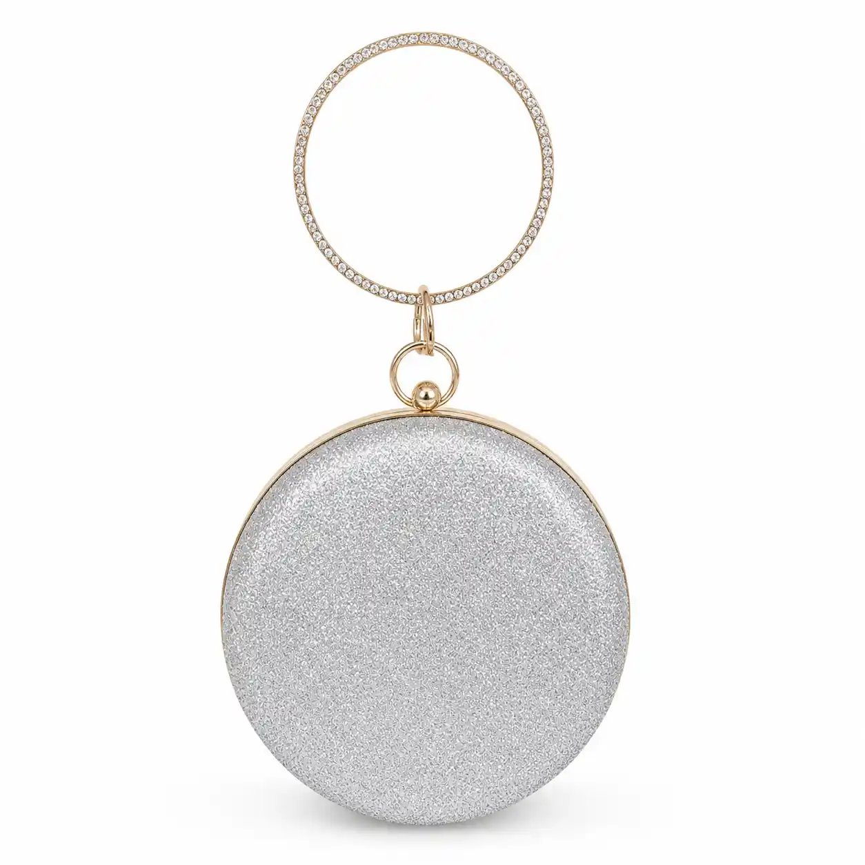 Silver Round Glitter Clutch with Round Handle