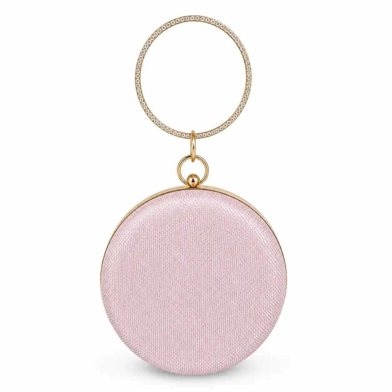 Elegant Pink Round Glitter Party Clutch with Circular Handle