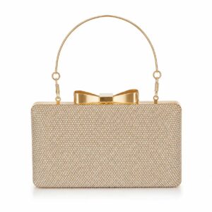 Golden Rhinestone Bow Clutch with Decorative Top Handle