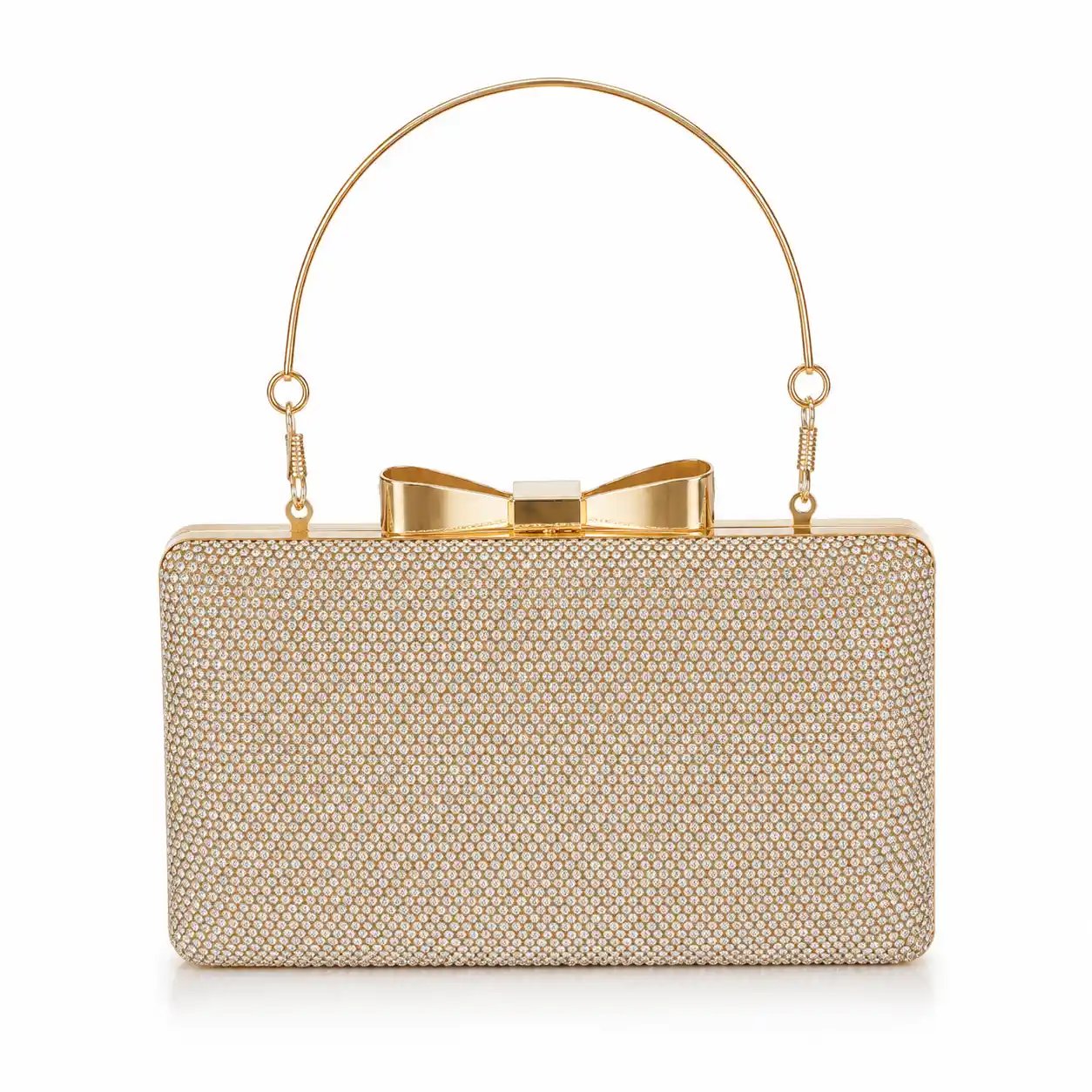 Golden Rhinestone Bow Clutch with Decorative Top Handle
