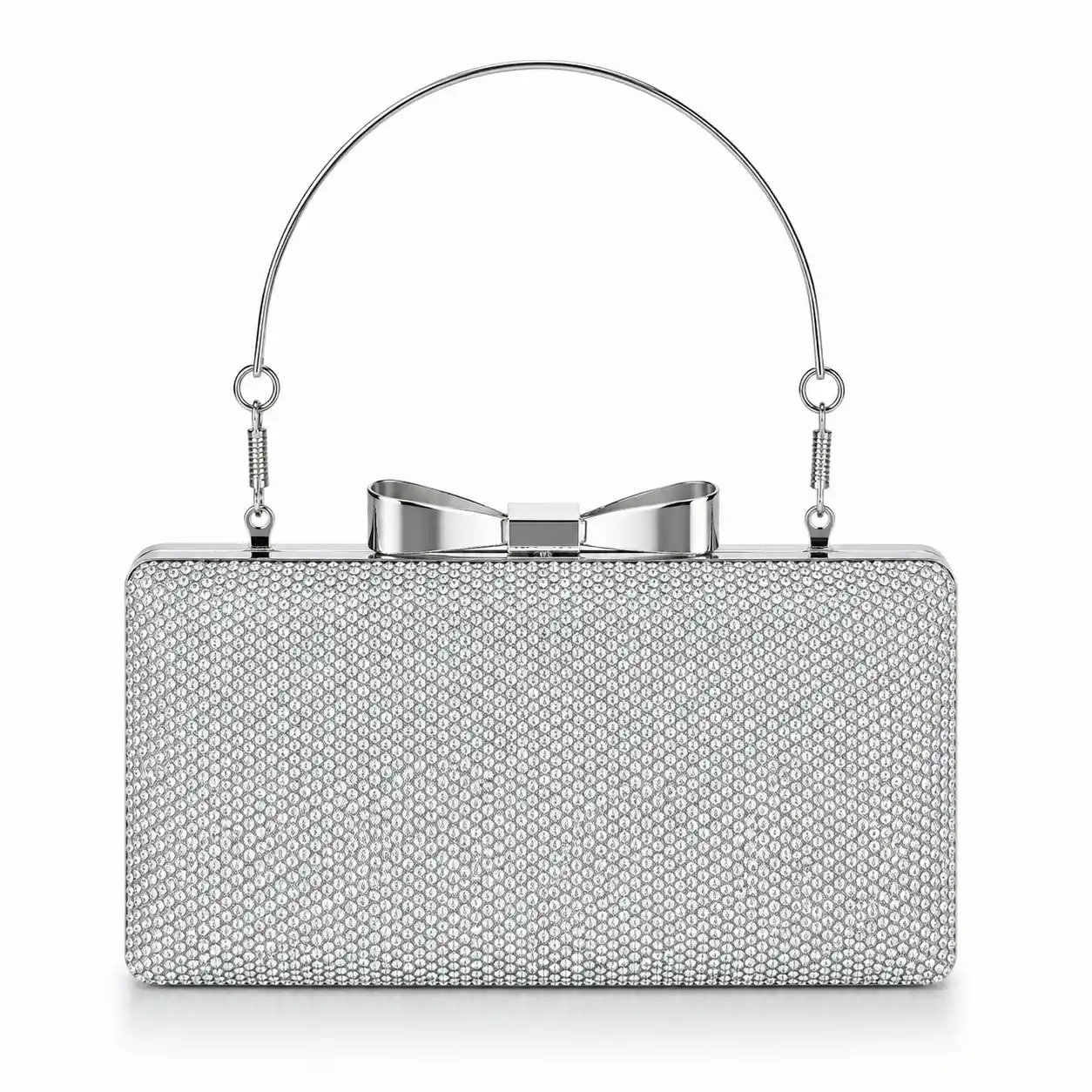 Luxury Silver Rhinestone Bow Clutch with Top Handle