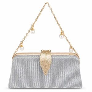 Silver Rhinestone Leaf Clutch with Leaf Clasp and Chain Strap