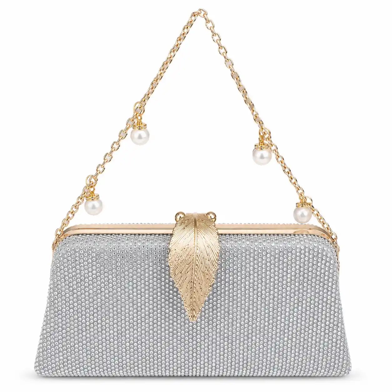 Silver Rhinestone Leaf Clutch with Leaf Clasp and Chain Strap