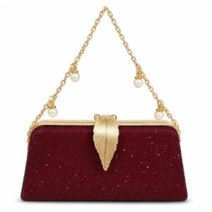 Mehroon Rhinestone Leaf Clutch with Leaf Clasp and Chain Strap