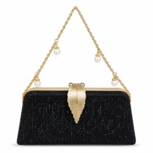 Black Rhinestone Leaf Clutch with Leaf Clasp and Chain Strap