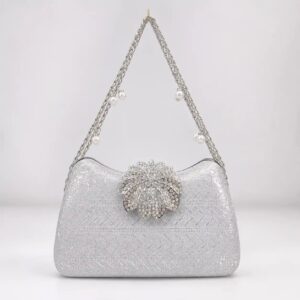 Silver Floral Glitter Clutch with Pearl Chain