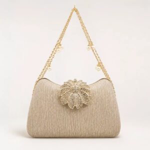 Golden Floral Glitter Clutch with Pearl Chain