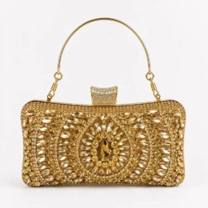 Elegant Golden Crystal Embellished Clutch – Wedding Party Purse