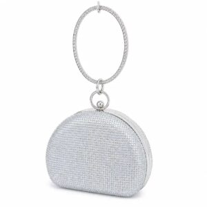 Silver Rhinestone Clutch – Stunning Wedding Hand Purse with Ring Handle 2 side