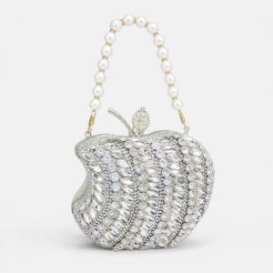 Silver Apple Shape Beaded Clutch – Elegant Wedding Hand Purse