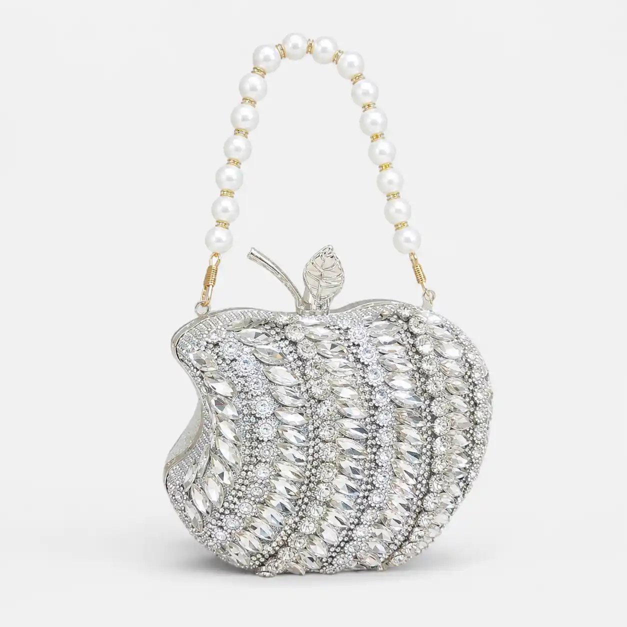 Silver Apple Shape Beaded Clutch – Elegant Wedding Hand Purse