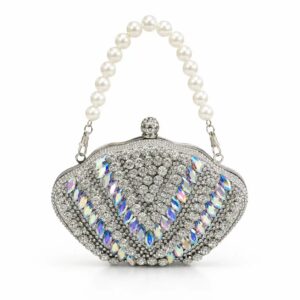 Elegant Silver Crystal Pearl Handle Clutch – Wedding Party Purse