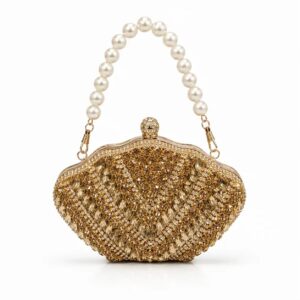 Elegant Golden Crystal Pearl Handle Clutch – Wedding Party Purse